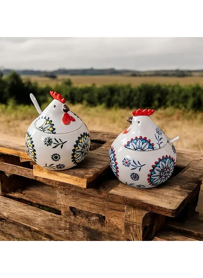 2PCS Blue Rooster Seasoning Jar With Spoon Dustproof Moisture Proof Ceramic Kitchen Container For Salt Sugar Spices - Image 2