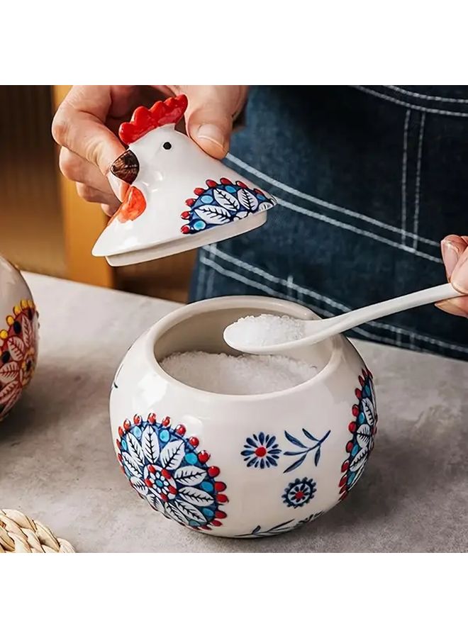 2PCS Blue Rooster Seasoning Jar With Spoon Dustproof Moisture Proof Ceramic Kitchen Container For Salt Sugar Spices - Image 5