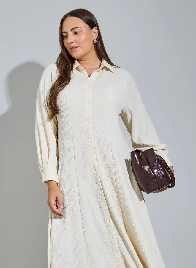 Styli Plus Size Cream Long Sleeves Shirt Maxi Dress