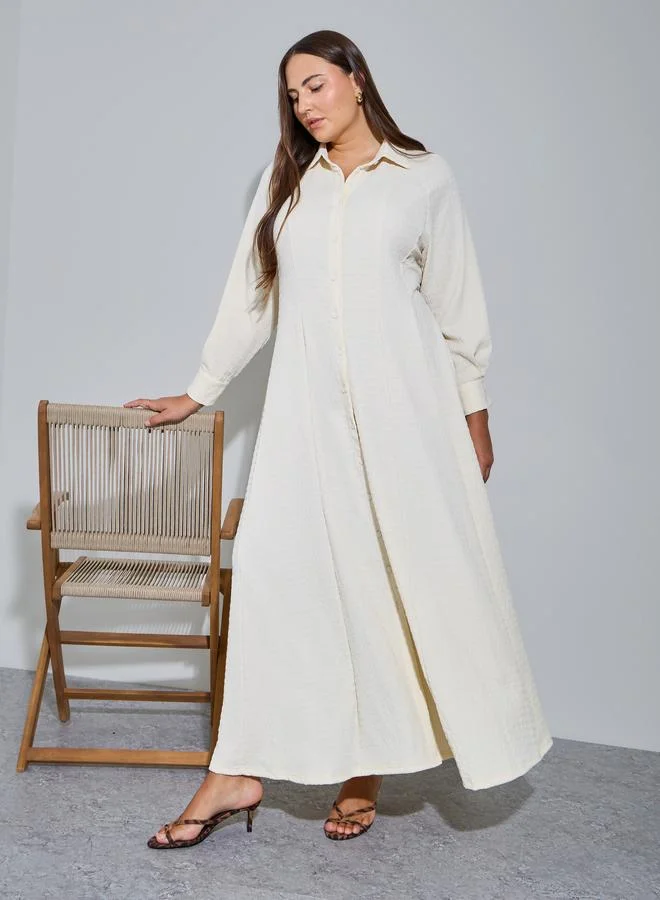 Styli Plus Size Cream Long Sleeves Shirt Maxi Dress