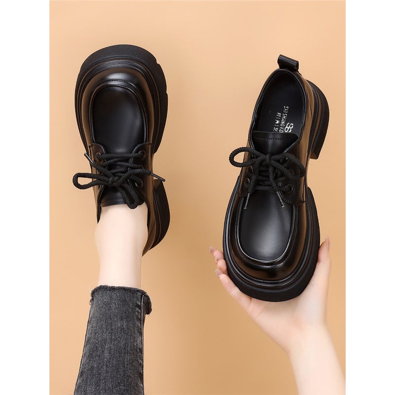 Popular Style Thick Bottom Small Leather Shoes Women'S 2024 New British Style Skirt Slimming Lace-Up Brown Loafers - Image 2