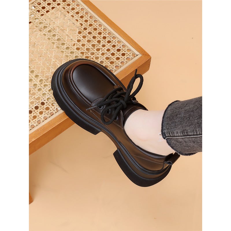 Popular Style Thick Bottom Small Leather Shoes Women'S 2024 New British Style Skirt Slimming Lace-Up Brown Loafers - Image 5