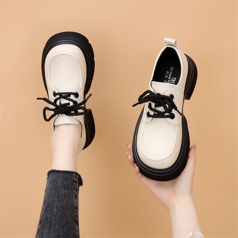 Popular Style Thick Bottom Small Leather Shoes Women'S 2024 New British Style Skirt Slimming Lace-Up Brown Loafers - Image 1