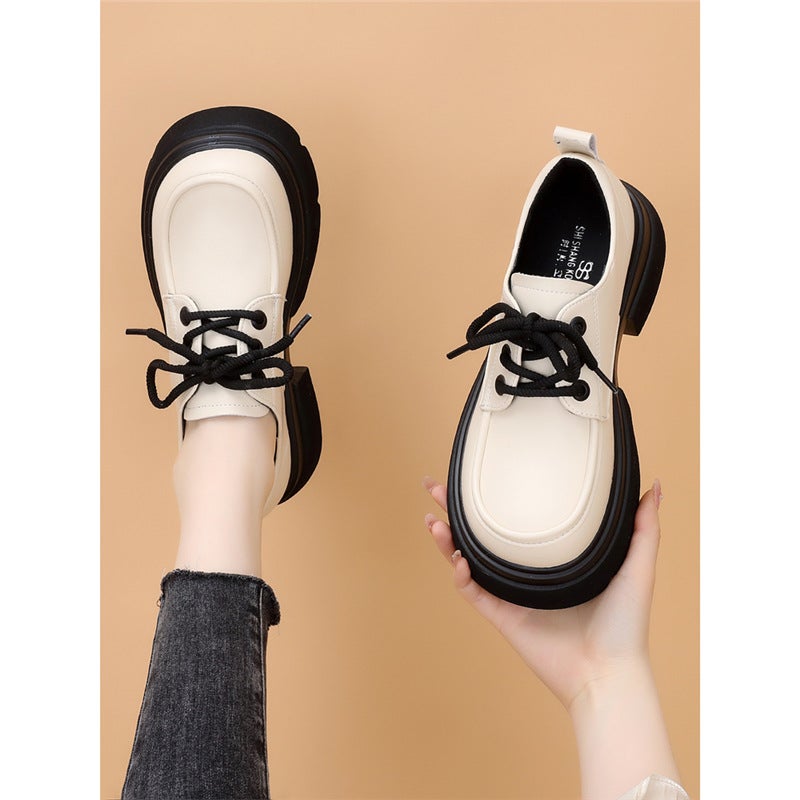 Popular Style Thick Bottom Small Leather Shoes Women'S 2024 New British Style Skirt Slimming Lace-Up Brown Loafers - Image 4