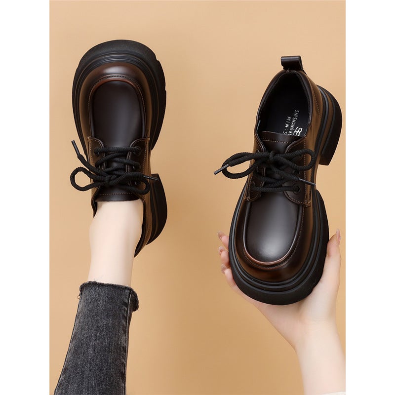 Popular Style Thick Bottom Small Leather Shoes Women'S 2024 New British Style Skirt Slimming Lace-Up Brown Loafers - Image 3