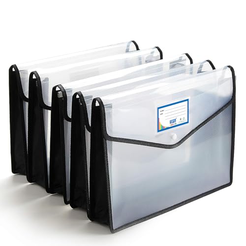 SPS File Folder, Transparent Poly-Plastic for A4/Foolscap Documents | Snap Button File Storage Bag | Set of 5 (Black) - Image 1