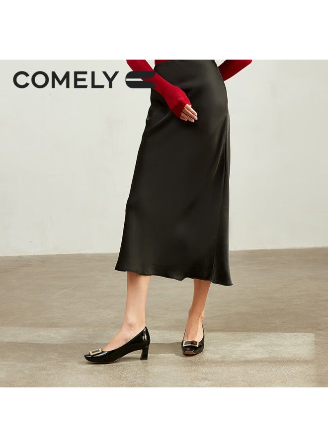 Comely Square Buckle Single Shoes Women's Spring Thick Heel Patent Leather Commuter High Heels Black 39 - Image 2