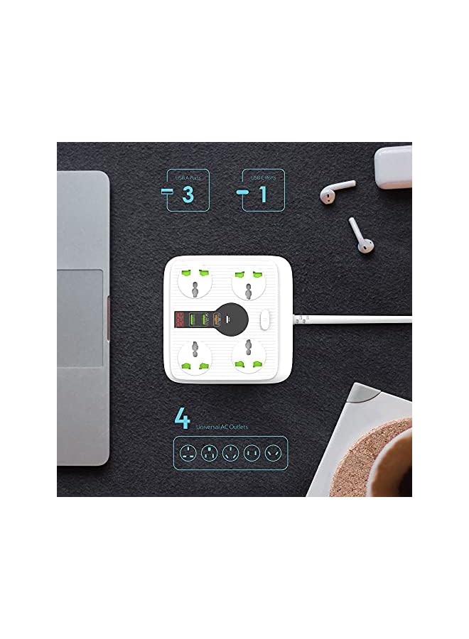 PROMASS Extension Cord with USB C PD Charging,4 Universal Extension Plugs Power Extension,1 Typc C 20 W,1 QC 3.0,2pcs 5V/2.1A USB Extension Charging Ports,3 Meters Extension cable 3000W/13A Power Strip - Image 2