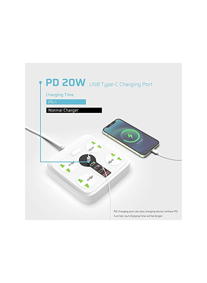 PROMASS Extension Cord with USB C PD Charging,4 Universal Extension Plugs Power Extension,1 Typc C 20 W,1 QC 3.0,2pcs 5V/2.1A USB Extension Charging Ports,3 Meters Extension cable 3000W/13A Power Strip - Image 4