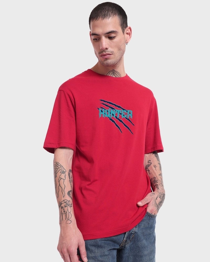 bewakoof Men's Red Hunter Graphic Printed Oversized T-shirt - Image 1