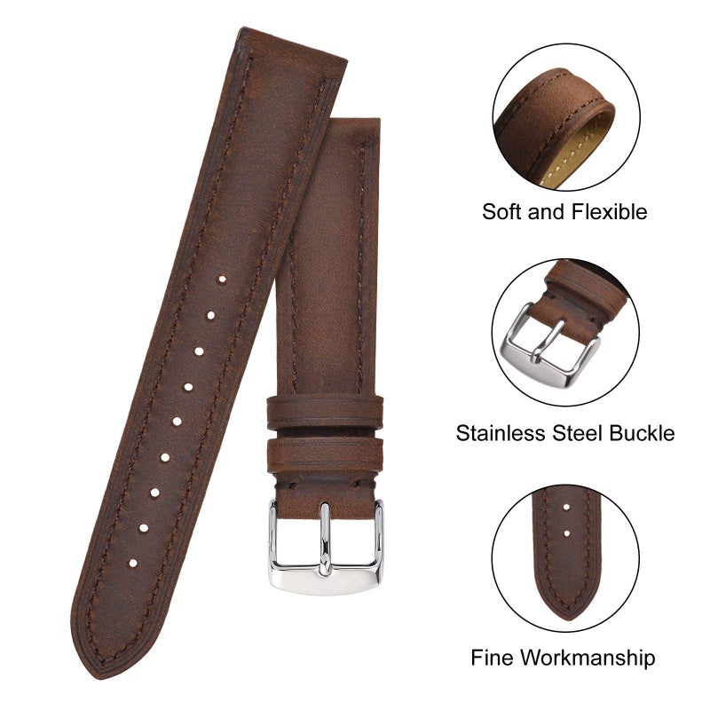 BISONSTRAP Watch Strap 20mm, Vintage Leather Replacement Watch Band, Brown - Image 4