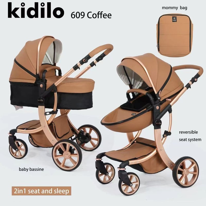 Kidilo 609 2-in-1 Baby Stroller Pram | Convertible Bassinet for Newborn | Reversible Reclining Seat for Toddler | Adjustable Canopy | Shock-Absorbing Wheels | Compact Fold | Storage Basket | Mommy Bag