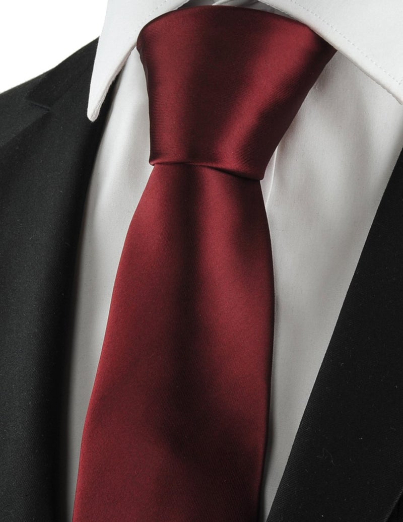KissTies Mens Burgundy Red Satin Tie Solid Maroon Wedding Necktie + Gift Box - Image 4