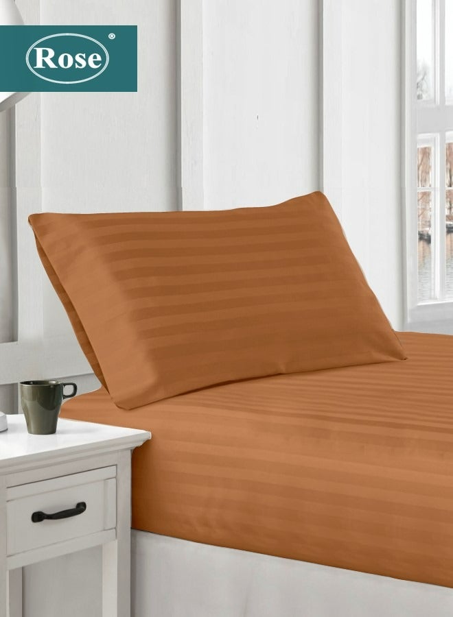 Rose Rose Luxurious Hotel Stripe Fitted Sheet with Deep Pockets and Pillow Case, Bed Sheet 2-Pieces Set, Soft & Silky Microfiber Breathable and Cooling, Extra Twin Size 120x200+35 cm, Brown  - Image 1