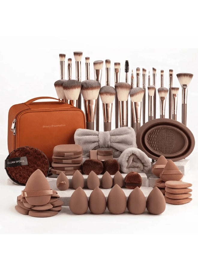 Makeup Brush Set 67PCS, 30 Premium Makeup Brushes with 12 Beauty Sponges and Powder Puffs, Brush Cleaning Pad with Waterproof Multi Compartment Makeup Bag Coffee Color - Image 1