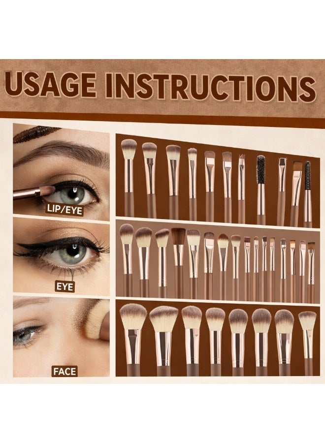 Makeup Brush Set 67PCS, 30 Premium Makeup Brushes with 12 Beauty Sponges and Powder Puffs, Brush Cleaning Pad with Waterproof Multi Compartment Makeup Bag Coffee Color - Image 5
