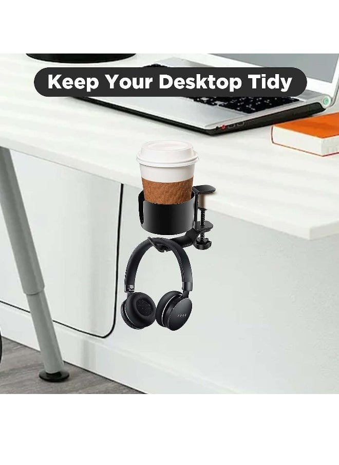Generic - 2 in 1 Desk Cup Holder with Headphone Hanger, Anti-Spill Cup Holder for Desk or Table, Easy to Install, Sturdy and Durable, Enough to Hold Coffee Mugs, Water Bottles, Headphones - Image 1