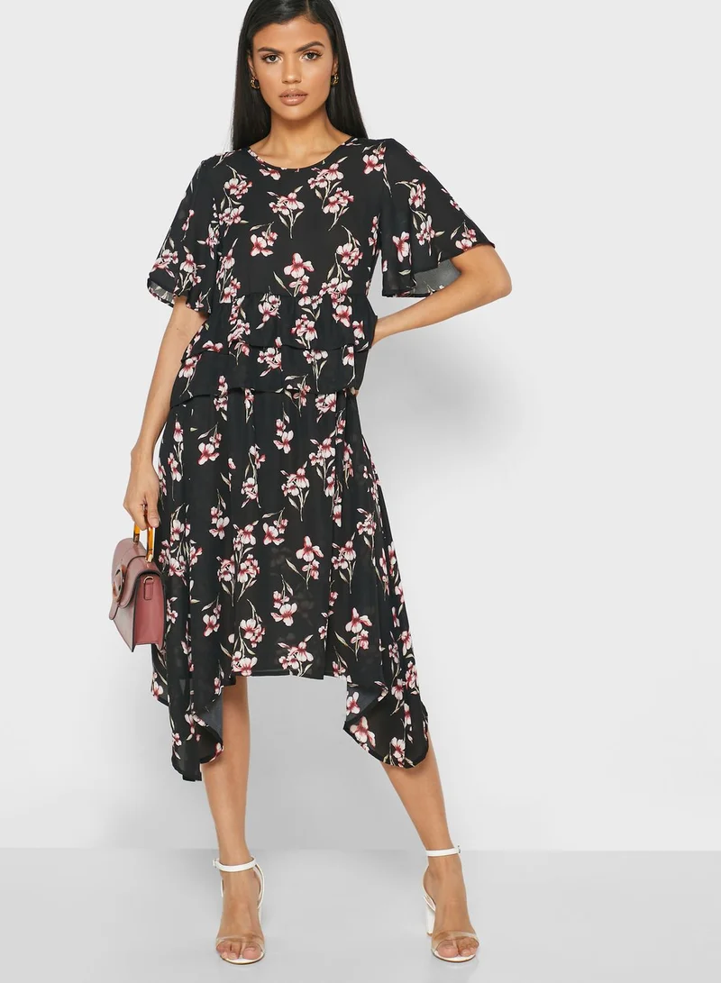 ELLA Floral Print Tiered Puplum Midi Dress