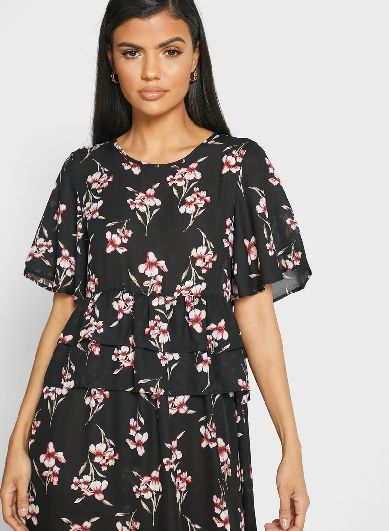 ELLA Floral Print Tiered Puplum Midi Dress