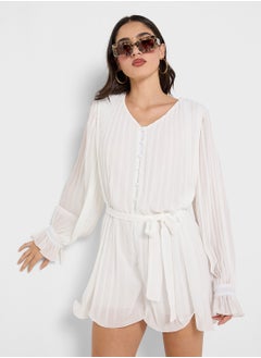 Pleated Button Up Belted Volume Dress