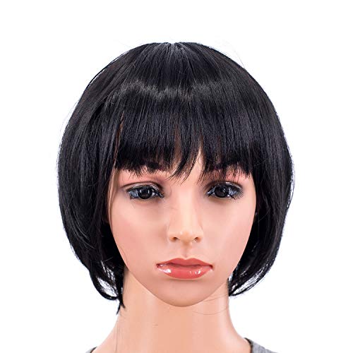SWACC 10 Inch Short Straight Bob Wig with Bangs Synthetic Colorful Cosplay Daily Party Flapper Wig for Women with Wig Cap 1B Off Black - Image 1