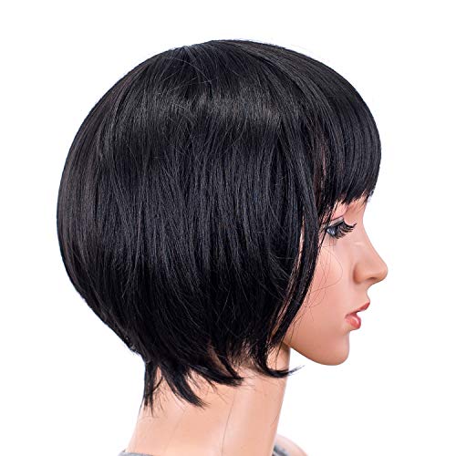 SWACC 10 Inch Short Straight Bob Wig with Bangs Synthetic Colorful Cosplay Daily Party Flapper Wig for Women with Wig Cap 1B Off Black - Image 3