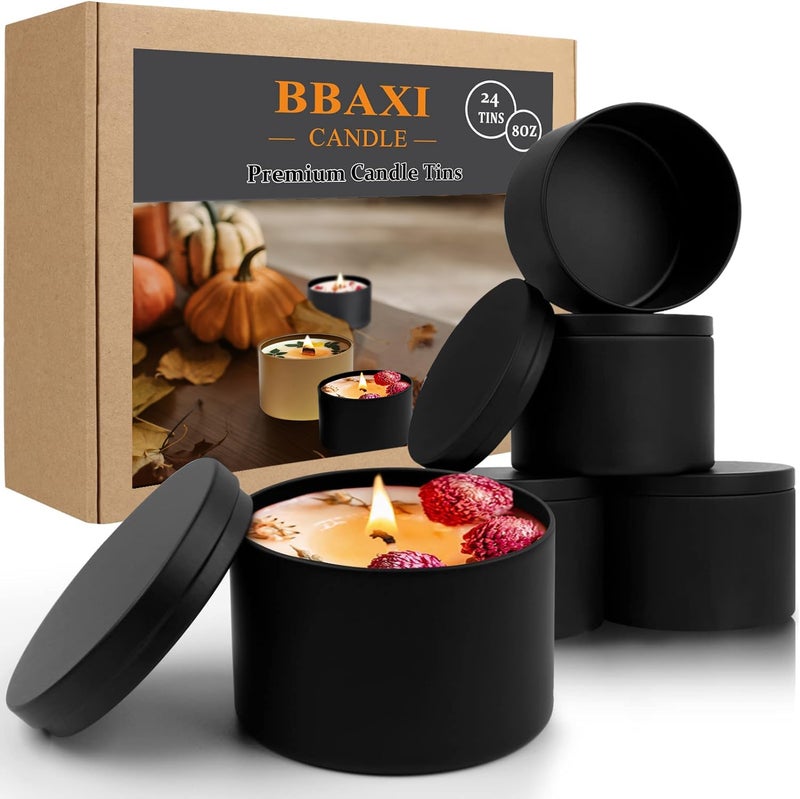 8 oz 24 Pcs Black Empty Candle Tin with Lids for DIY Candles Making Matte Full Black Candle Jars