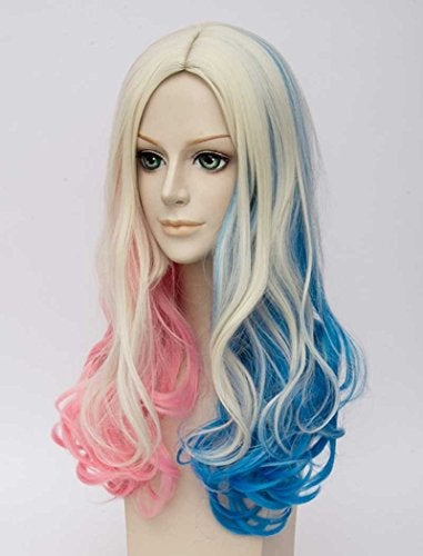 Qaccf Long Curly Blue Pink Blond Color Middle Parting Halloween Cosplay Women Wig (Mix) - Image 2