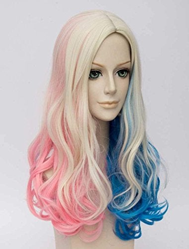 Qaccf Long Curly Blue Pink Blond Color Middle Parting Halloween Cosplay Women Wig (Mix) - Image 3