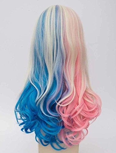 Qaccf Long Curly Blue Pink Blond Color Middle Parting Halloween Cosplay Women Wig (Mix) - Image 4