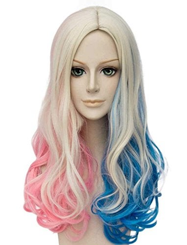 Qaccf Long Curly Blue Pink Blond Color Middle Parting Halloween Cosplay Women Wig (Mix) - Image 5
