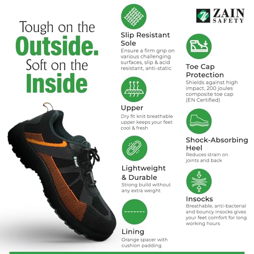 ZAIN Low Ankle Safety Shoes | BIS Approved, Breathable Upper | Excellent Grip, Comfortable, Anti-Skid, Sporty Design, Composite Toe | Orange & Black | Vent, Size 9 - Image 3