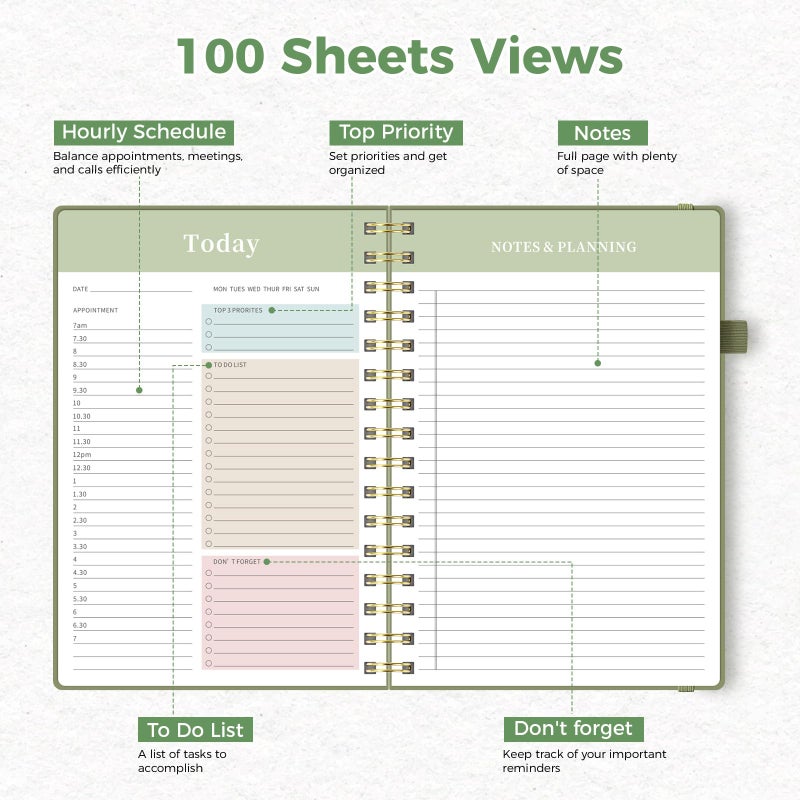 Oucaru Undated Daily Planner, A5 Spiral Notebook with Hourly Schedule, To Do List, Priorities, and Notes for Productivity - Easily Organize Your Tasks, Appointments & Goals for Women - Image 4