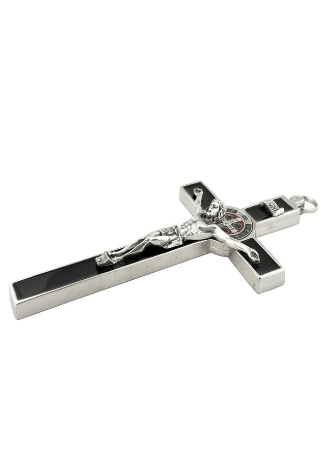 VENERARE 8" Saint Benedict Medal Crucifix | Silver-Tone Metal and Black Enamel | Patron Saint of Students and Europe | Great Gift for Sacraments and House Warming | Made in Italy - Image 3