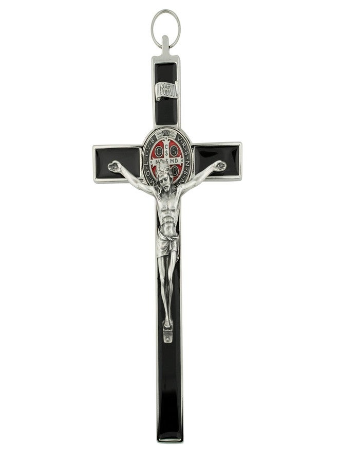 VENERARE 8" Saint Benedict Medal Crucifix | Silver-Tone Metal and Black Enamel | Patron Saint of Students and Europe | Great Gift for Sacraments and House Warming | Made in Italy - Image 4
