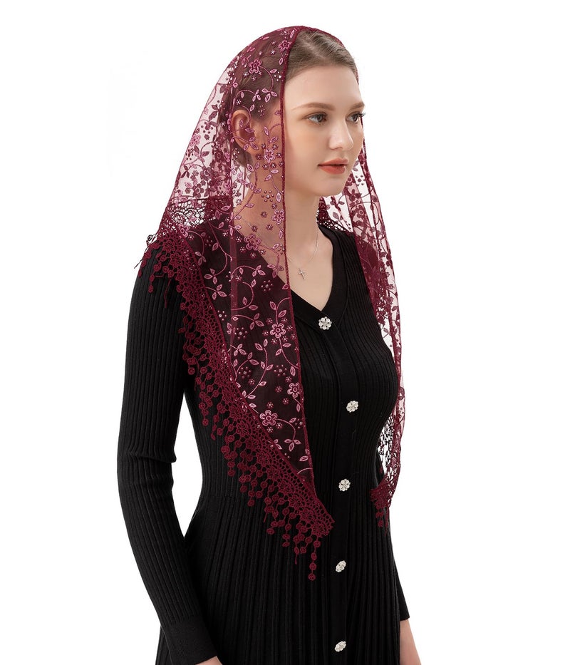 PAMOR Triangle Lace Veil Mantilla Cathedral Head Covering Chapel Veil for Mass Wedding Bridesmaids (Burgundy) - Image 3
