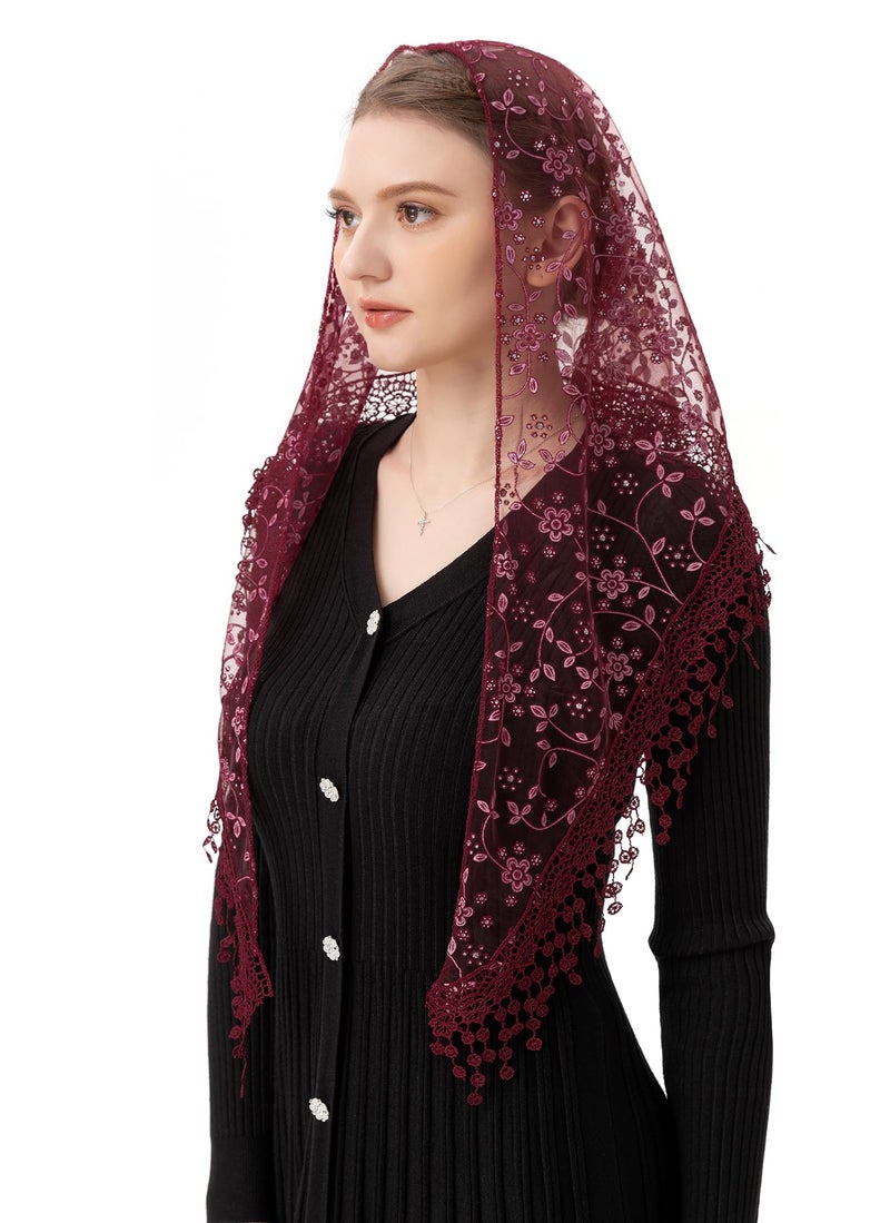 PAMOR Triangle Lace Veil Mantilla Cathedral Head Covering Chapel Veil for Mass Wedding Bridesmaids (Burgundy) - Image 2