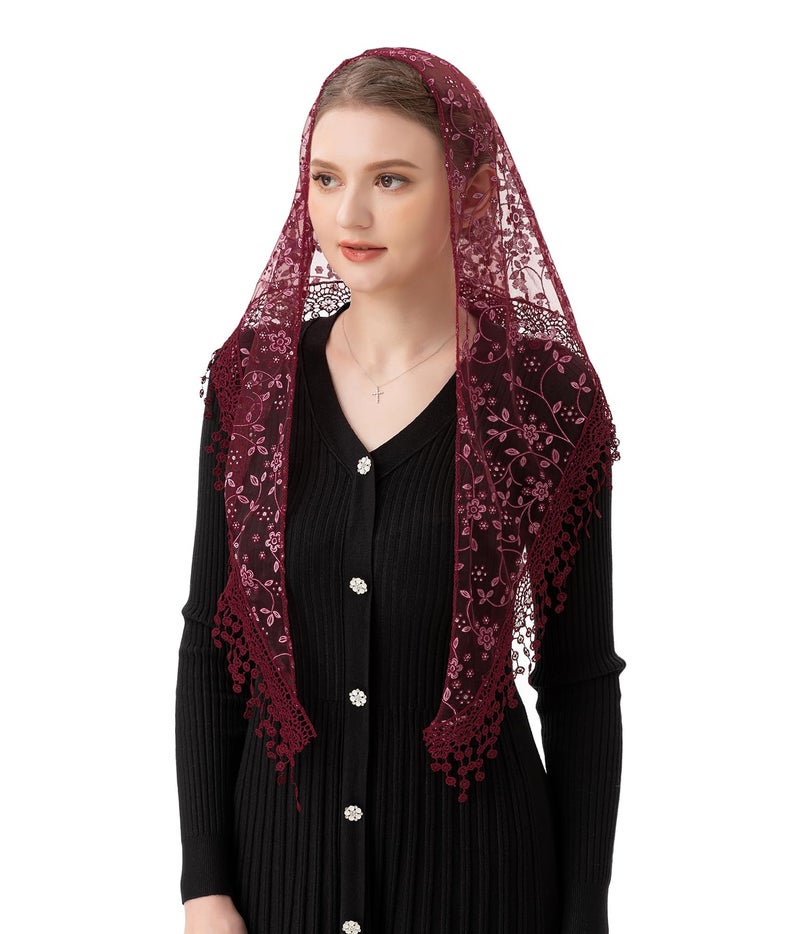 PAMOR Triangle Lace Veil Mantilla Cathedral Head Covering Chapel Veil for Mass Wedding Bridesmaids (Burgundy) - Image 1