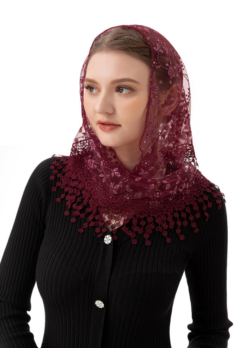 PAMOR Triangle Lace Veil Mantilla Cathedral Head Covering Chapel Veil for Mass Wedding Bridesmaids (Burgundy) - Image 5