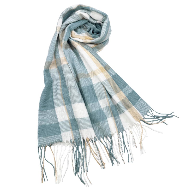 woogwin Winter Scarf for Women Cashmere Feel Plaid Warm Long Blanket Scarves Big Grid Pashmina Shawls and Wraps(Beige Blue) - Image 4