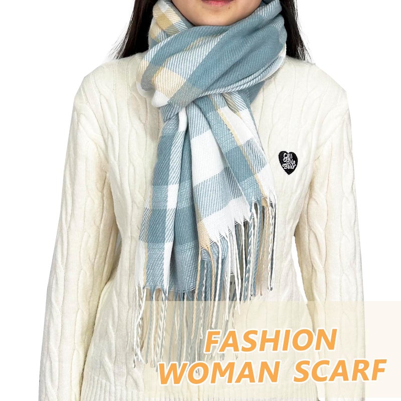 woogwin Winter Scarf for Women Cashmere Feel Plaid Warm Long Blanket Scarves Big Grid Pashmina Shawls and Wraps(Beige Blue) - Image 5