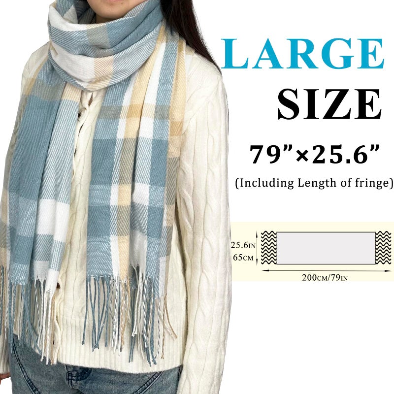 woogwin Winter Scarf for Women Cashmere Feel Plaid Warm Long Blanket Scarves Big Grid Pashmina Shawls and Wraps(Beige Blue) - Image 2