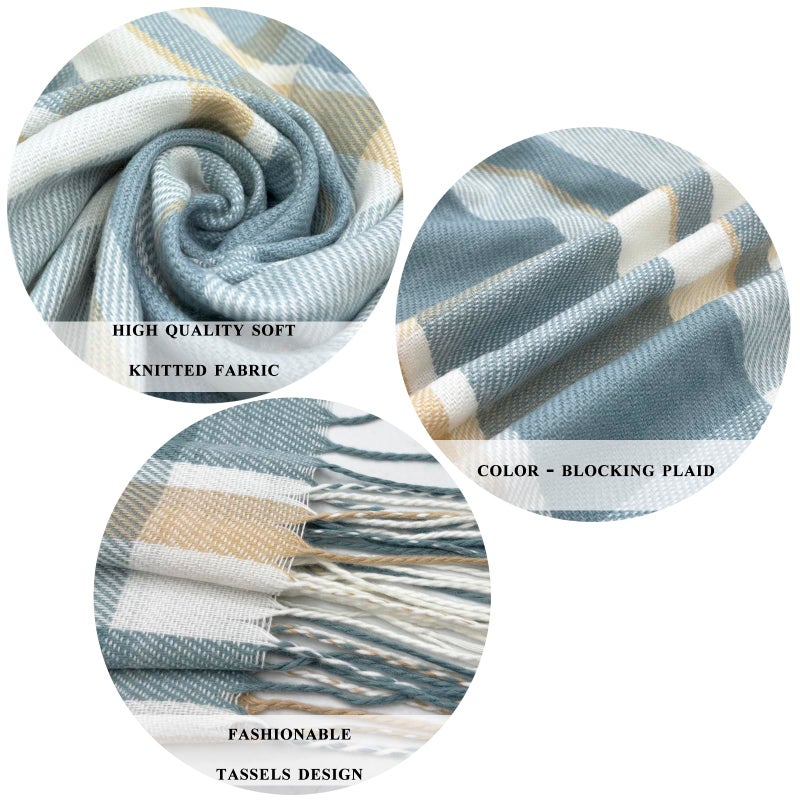 woogwin Winter Scarf for Women Cashmere Feel Plaid Warm Long Blanket Scarves Big Grid Pashmina Shawls and Wraps(Beige Blue) - Image 3