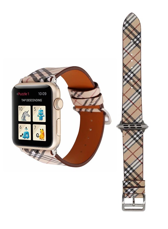 Plaid Watchband for iWatch Series 6/SE/5/4/3/2/1 44/42mm, Leather Texture Replacement Strap, Unisex Fashion Smartwatch Band (Khaki) - Image 1