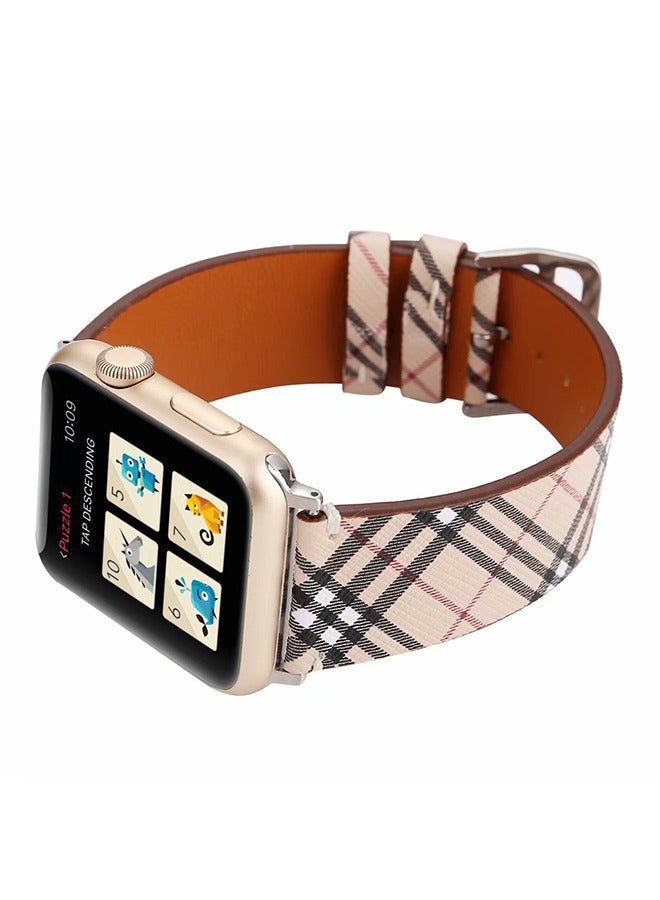 Plaid Watchband for iWatch Series 6/SE/5/4/3/2/1 44/42mm, Leather Texture Replacement Strap, Unisex Fashion Smartwatch Band (Khaki) - Image 4