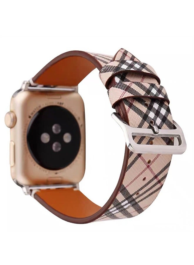 Plaid Watchband for iWatch Series 6/SE/5/4/3/2/1 44/42mm, Leather Texture Replacement Strap, Unisex Fashion Smartwatch Band (Khaki) - Image 3