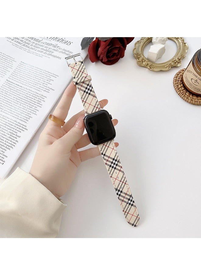 Plaid Watchband for iWatch Series 6/SE/5/4/3/2/1 44/42mm, Leather Texture Replacement Strap, Unisex Fashion Smartwatch Band (Khaki) - Image 5