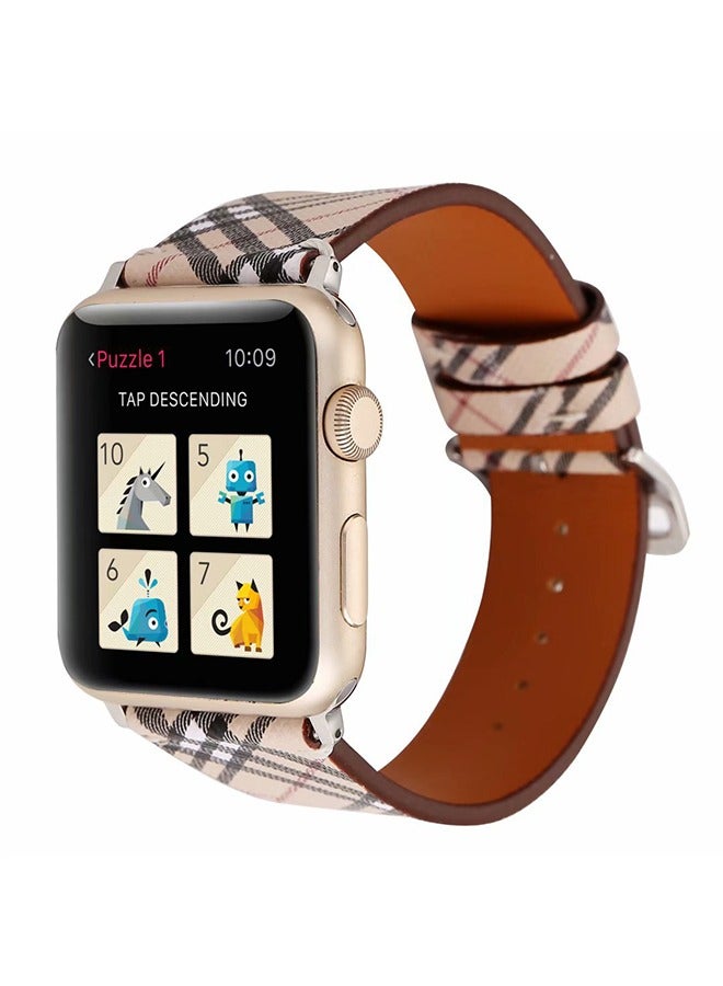 Plaid Watchband for iWatch Series 6/SE/5/4/3/2/1 44/42mm, Leather Texture Replacement Strap, Unisex Fashion Smartwatch Band (Khaki) - Image 2