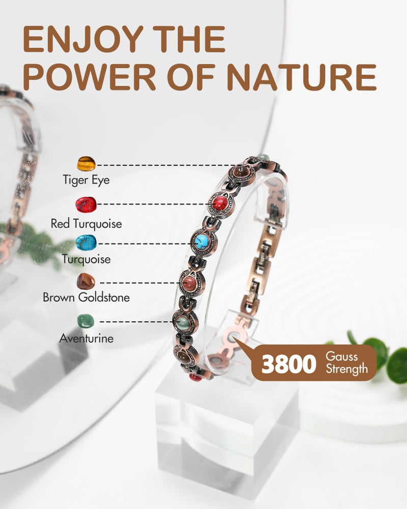 Feraco Pure Copper Bracelets for Women, Ultra Strength Magnetic Bracelet with 3800 Gauss Magnets & Natural Heliotrope, Adjustable Jewelry - Image 3