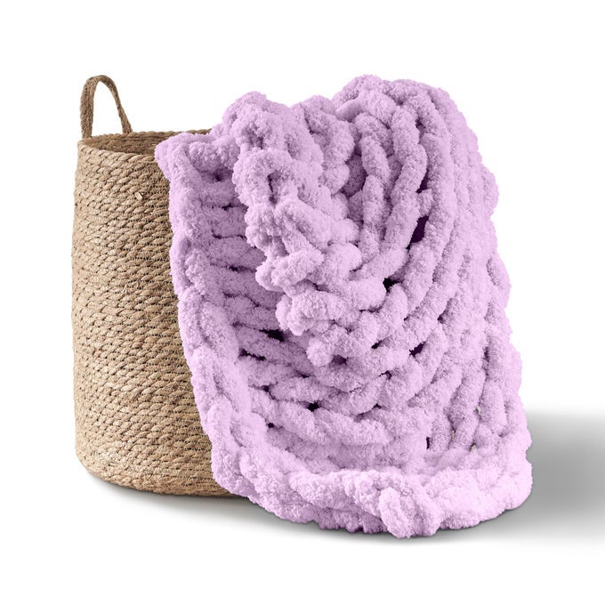 CHUNKY KNIT BLANKET THROW 100 HAND KNIT WITH JUMBO CHENILLE YARN 50X60 PALE PURPLE